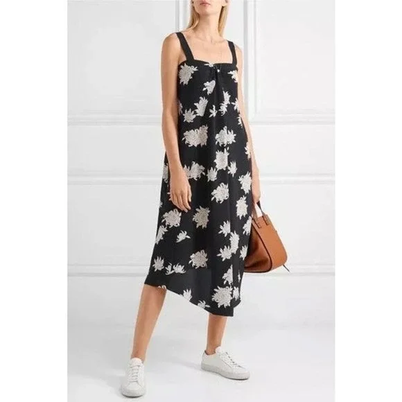 Vince Silk Midi Dress Midnight Blue Floral Sleeveless Asymmetric Size XS - Picture 1 of 7
